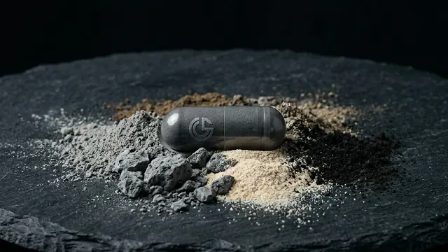 A Gregorsen Labs capsule resting on slate among the raw powders that make up the formula