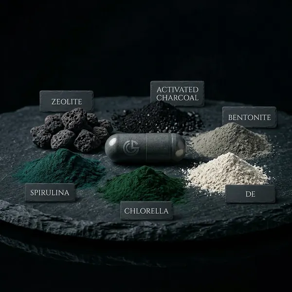Phase 01: Bind — zeolite, activated charcoal, bentonite, spirulina, chlorella, DE
