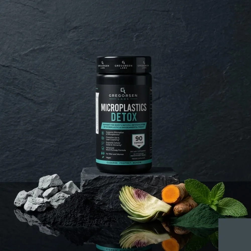 Microplastics Detox bottle on stone podium surrounded by raw ingredients
