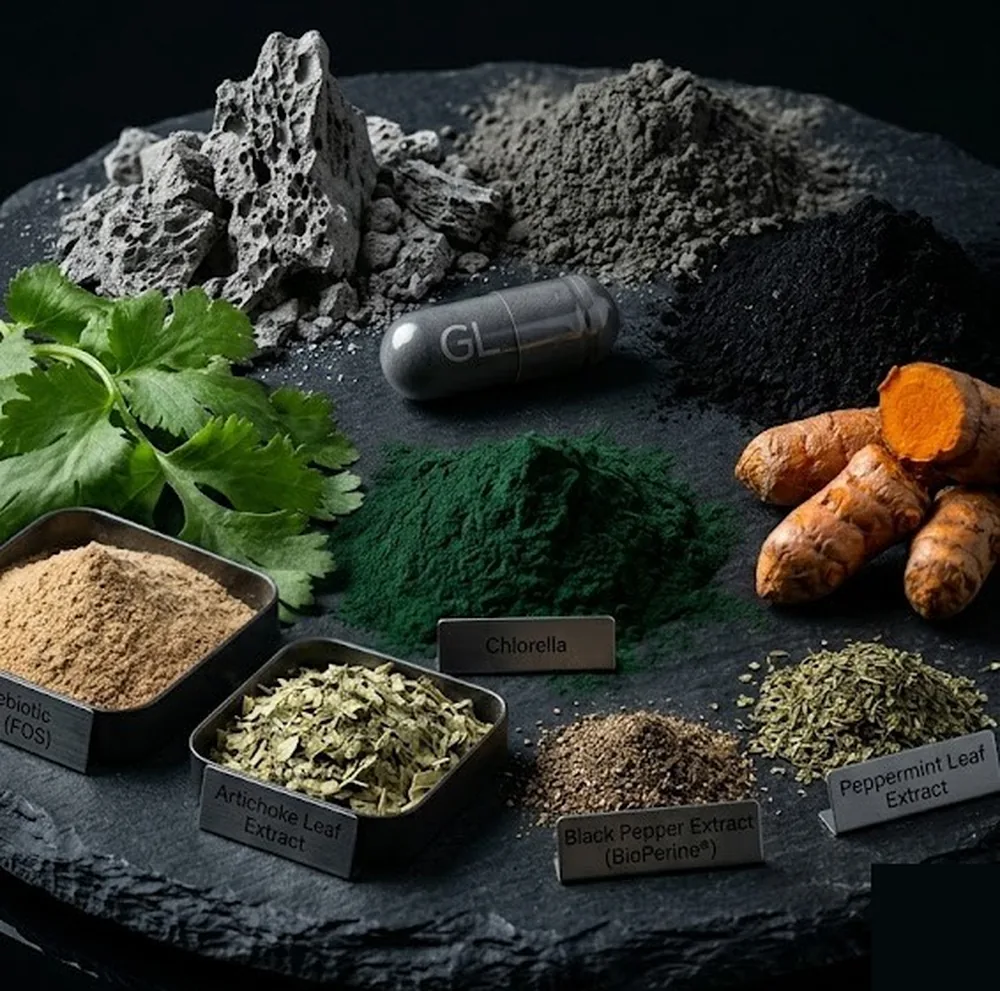 Microplastics Detox capsule with labeled ingredients — Chlorella, Artichoke Leaf Extract, Black Pepper Extract, Peppermint Leaf