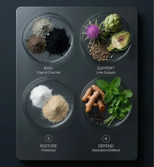 The four protocol phases shown as raw ingredients in petri dishes: Bind, Support, Restore, Defend